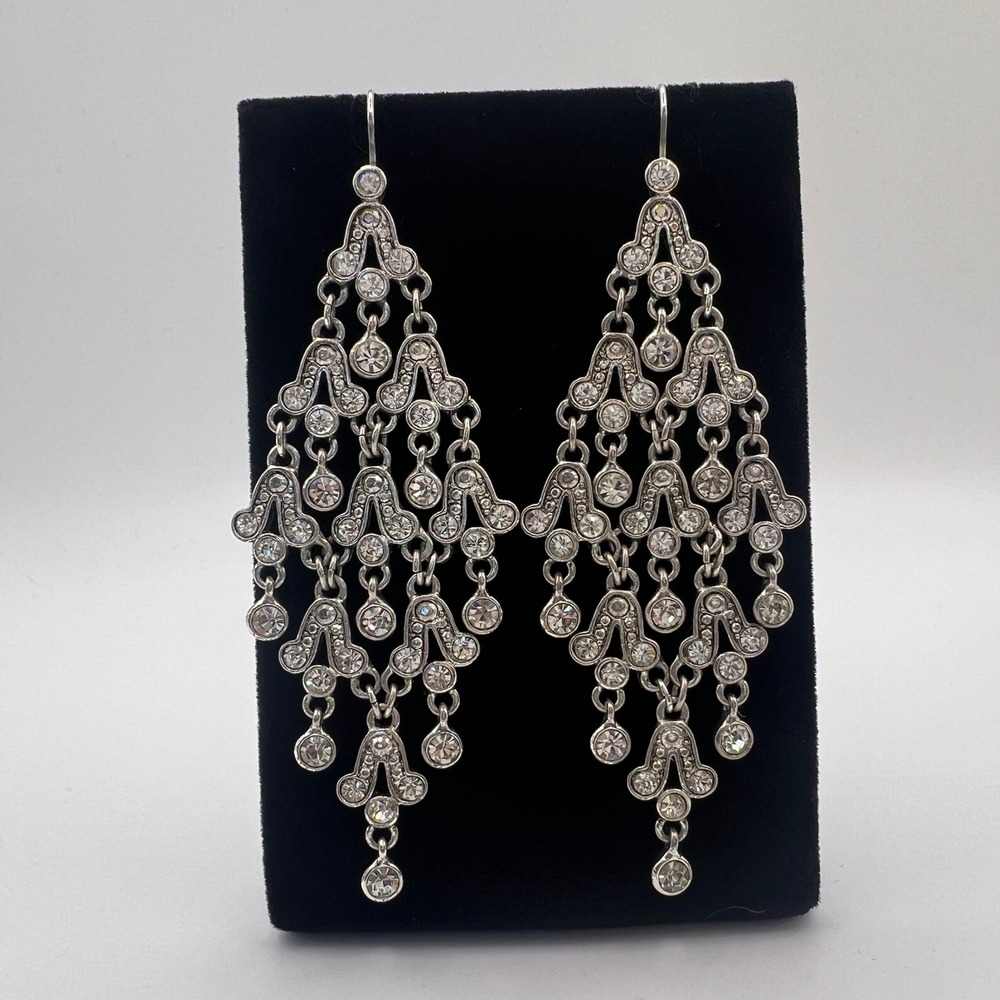 Silver Tone Crystal Chandelier Earrings Tiered Dangle French Hook Vintage Style